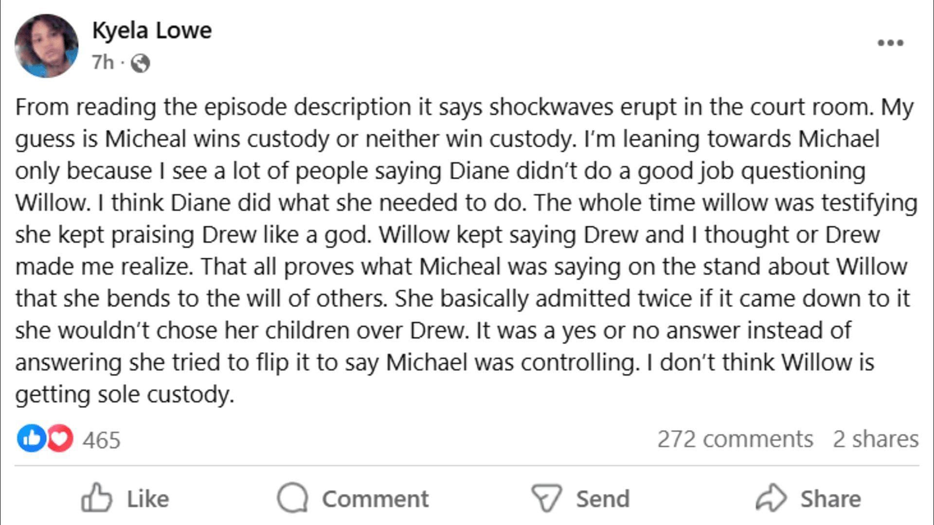 A Facebook post about Willow and Michael's custody hearing (Image via Facebook/General Hospital Fans - Official)